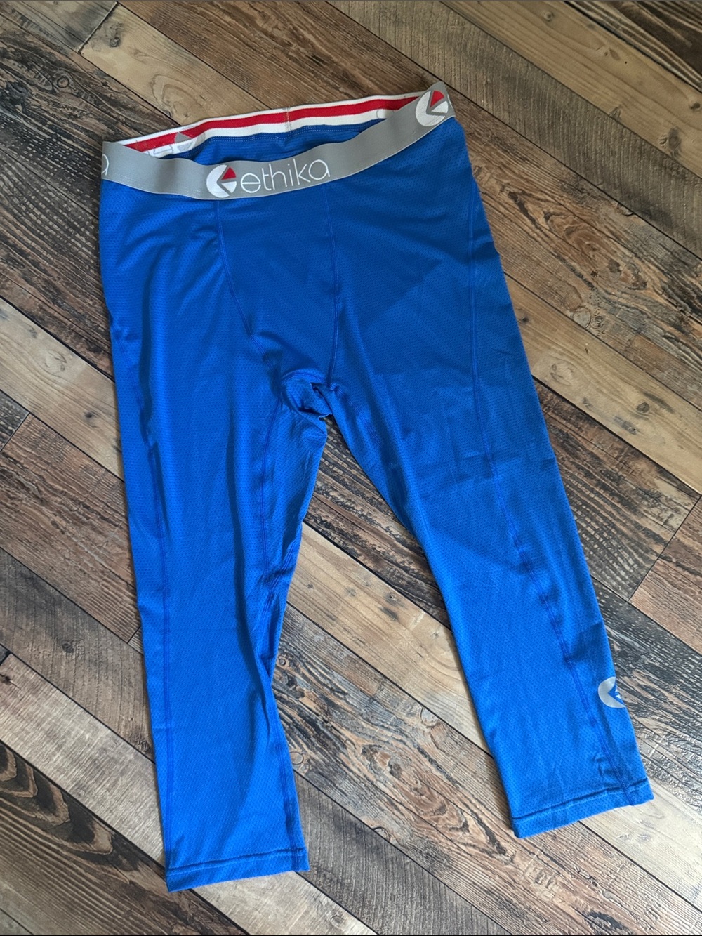 ETHIKA MENS' Blue Performance Athletic Leggings with Gray Waistband SIZE L